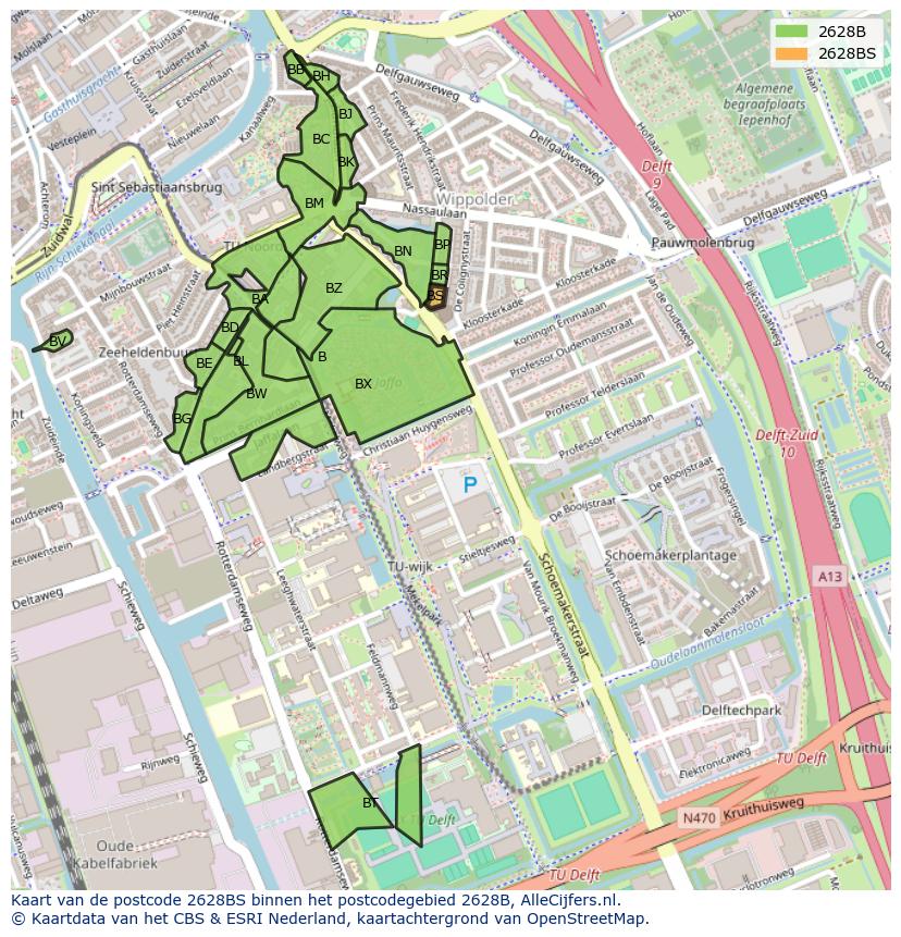 Afbeelding van het postcodegebied 2628 BS op de kaart.