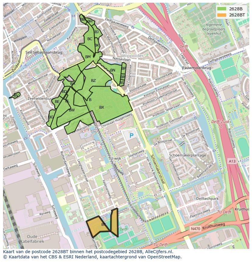Afbeelding van het postcodegebied 2628 BT op de kaart.