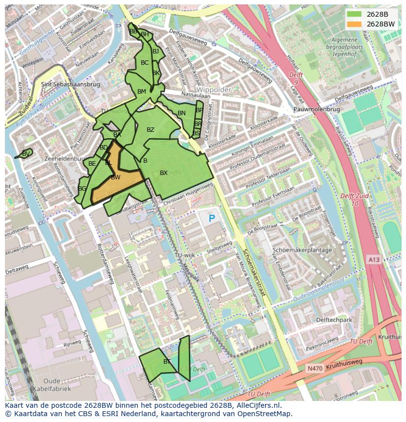 Afbeelding van het postcodegebied 2628 BW op de kaart.