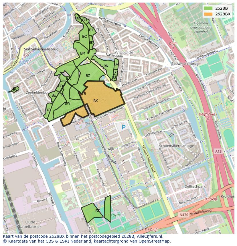 Afbeelding van het postcodegebied 2628 BX op de kaart.