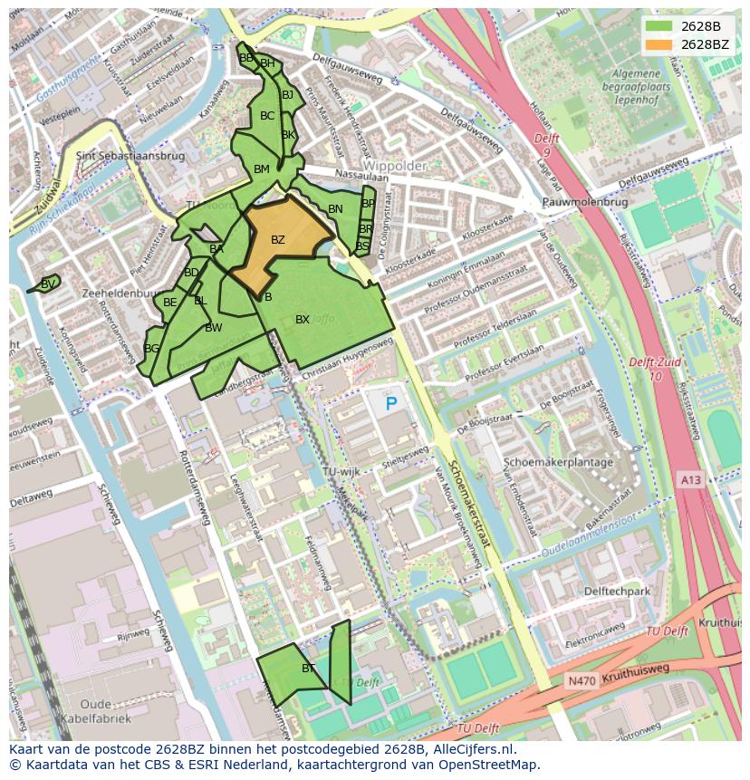 Afbeelding van het postcodegebied 2628 BZ op de kaart.