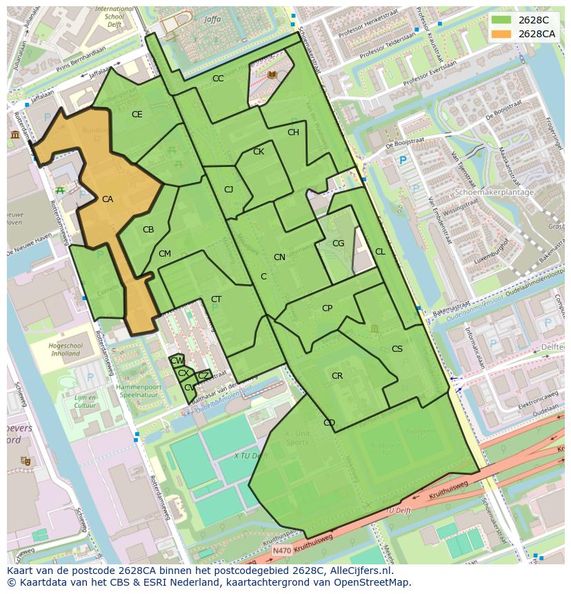 Afbeelding van het postcodegebied 2628 CA op de kaart.