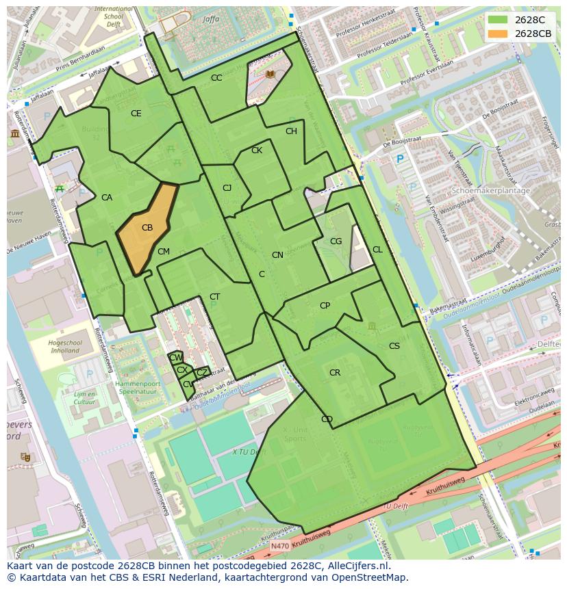 Afbeelding van het postcodegebied 2628 CB op de kaart.