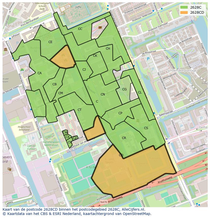 Afbeelding van het postcodegebied 2628 CD op de kaart.