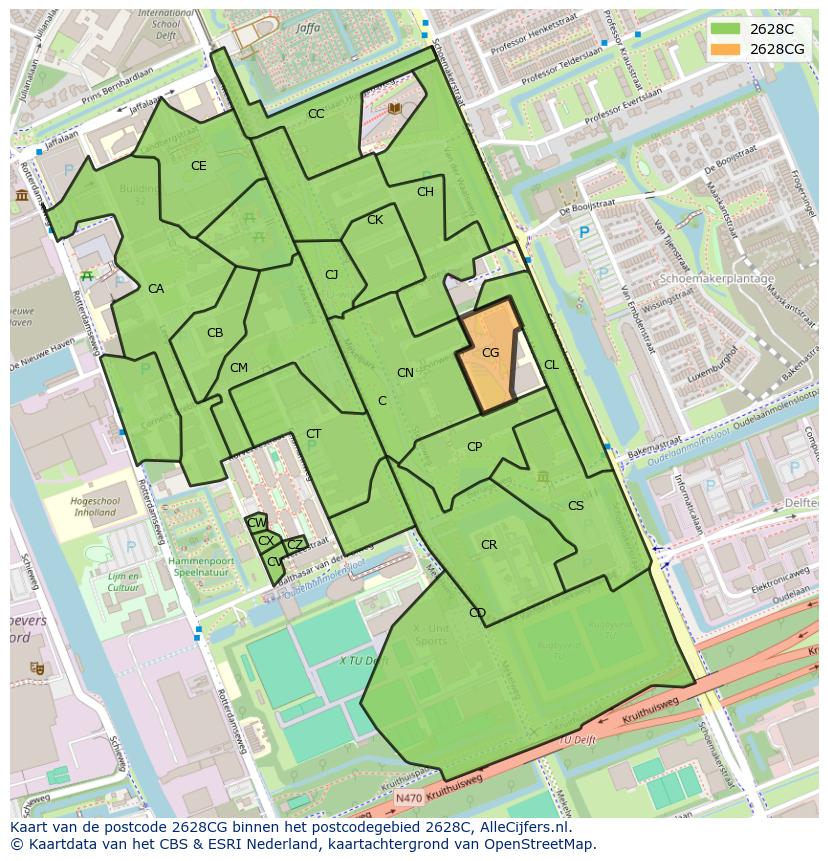 Afbeelding van het postcodegebied 2628 CG op de kaart.
