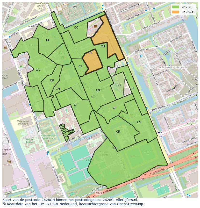 Afbeelding van het postcodegebied 2628 CH op de kaart.