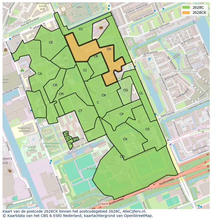 Afbeelding van het postcodegebied 2628 CK op de kaart.