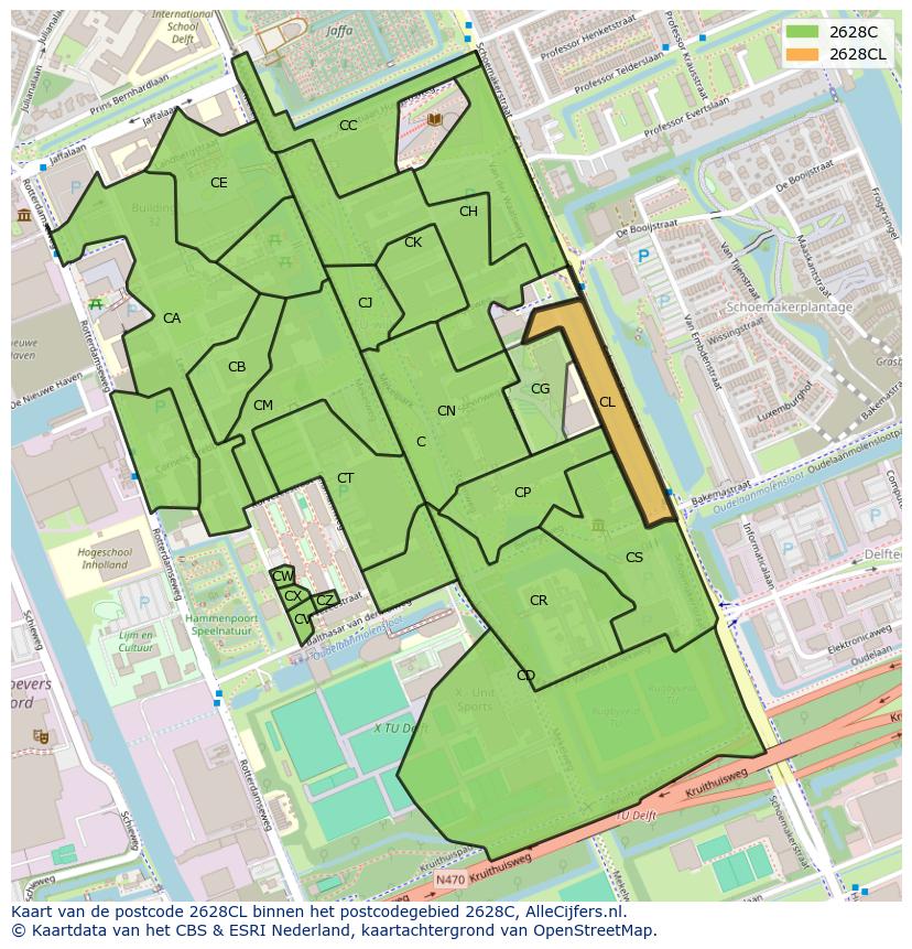 Afbeelding van het postcodegebied 2628 CL op de kaart.