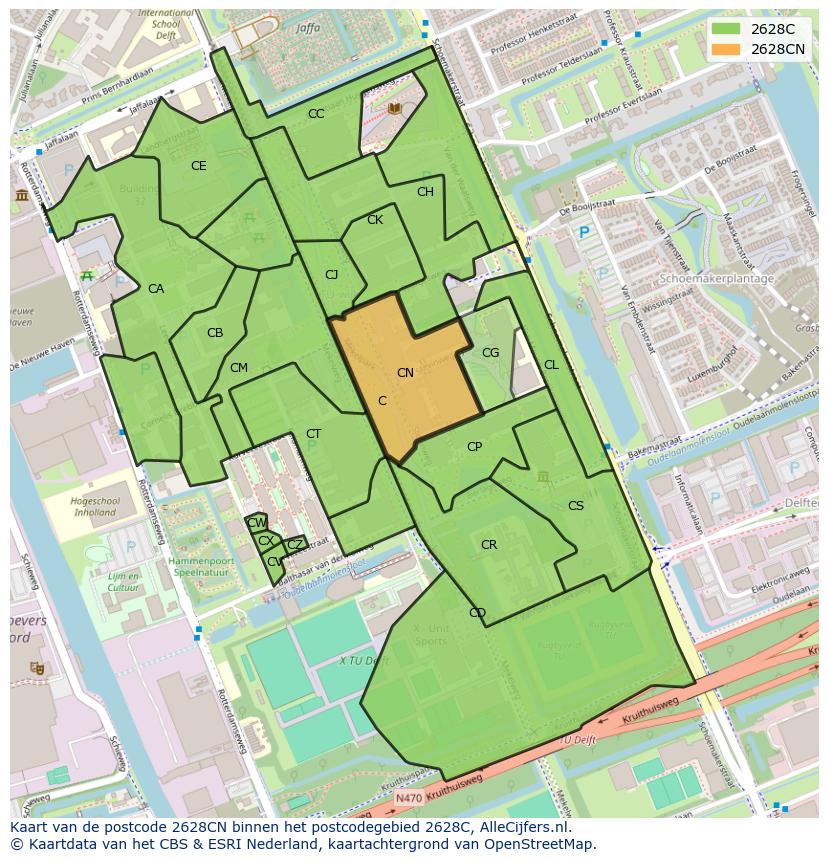 Afbeelding van het postcodegebied 2628 CN op de kaart.
