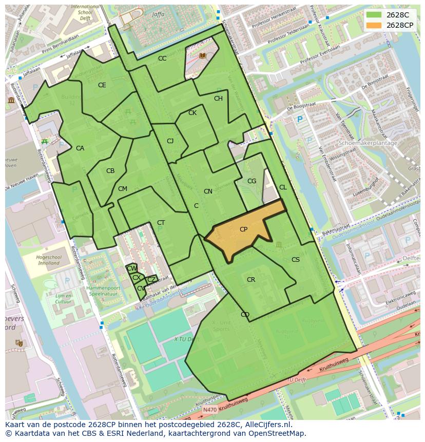 Afbeelding van het postcodegebied 2628 CP op de kaart.