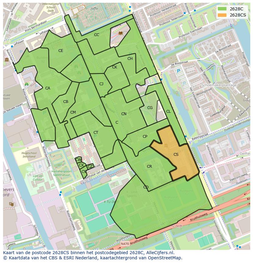 Afbeelding van het postcodegebied 2628 CS op de kaart.