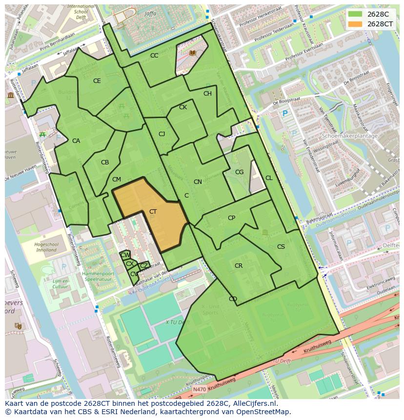 Afbeelding van het postcodegebied 2628 CT op de kaart.