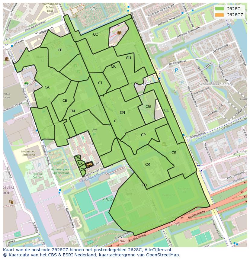 Afbeelding van het postcodegebied 2628 CZ op de kaart.