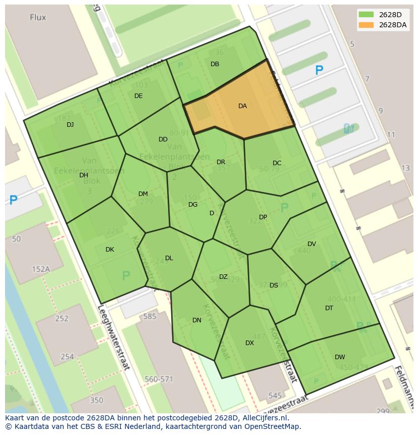 Afbeelding van het postcodegebied 2628 DA op de kaart.