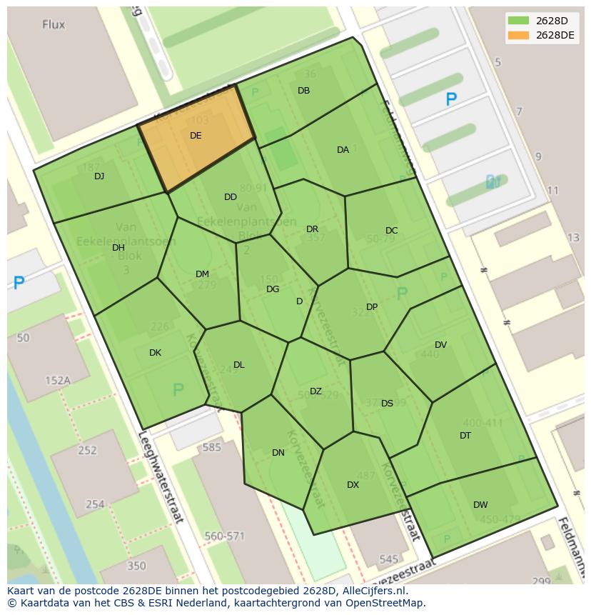Afbeelding van het postcodegebied 2628 DE op de kaart.