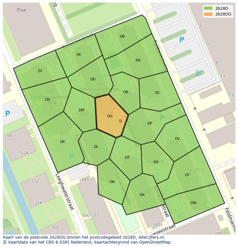 Afbeelding van het postcodegebied 2628 DG op de kaart.