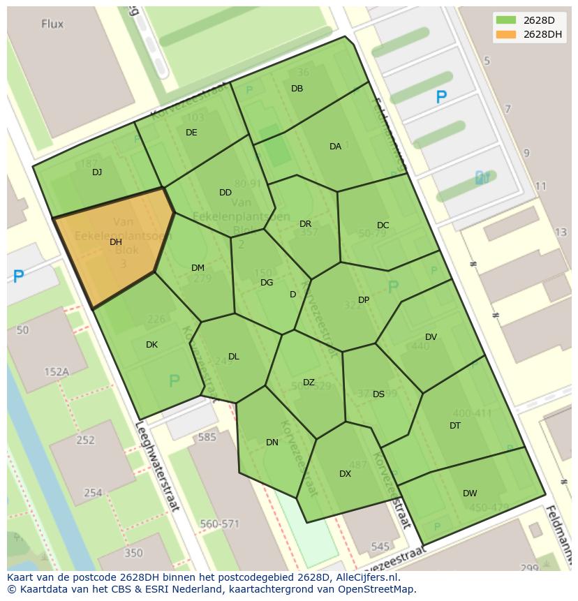Afbeelding van het postcodegebied 2628 DH op de kaart.