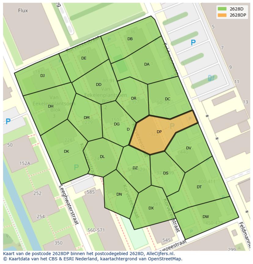 Afbeelding van het postcodegebied 2628 DP op de kaart.