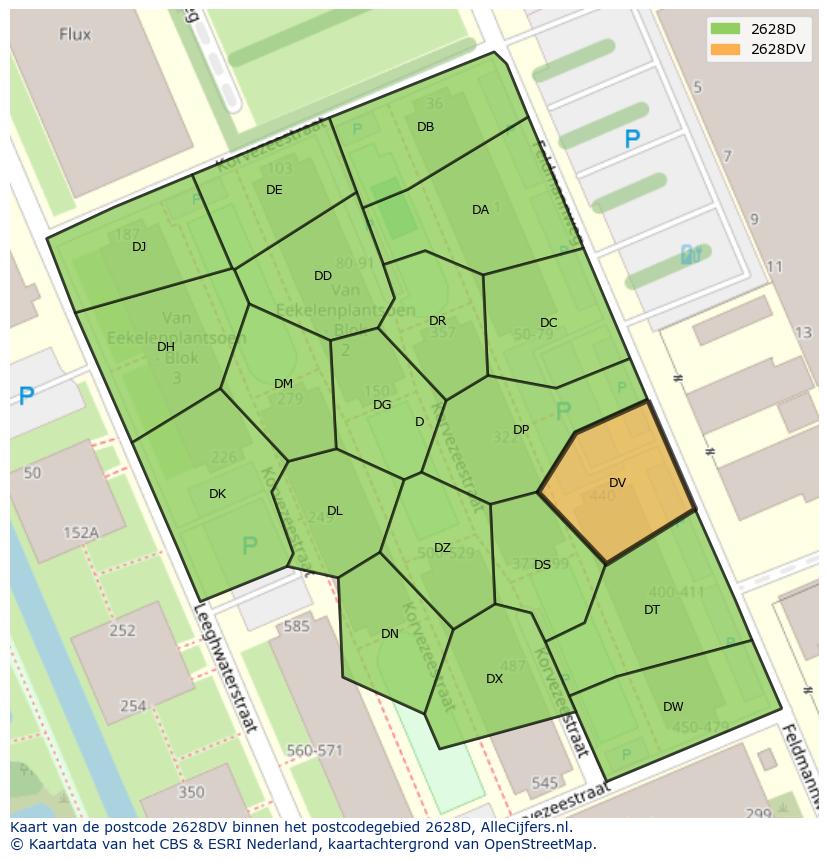 Afbeelding van het postcodegebied 2628 DV op de kaart.