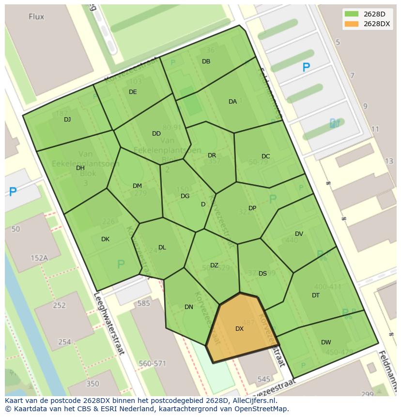 Afbeelding van het postcodegebied 2628 DX op de kaart.