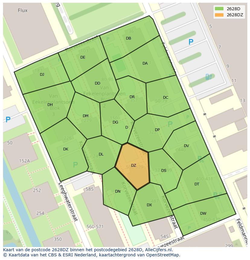 Afbeelding van het postcodegebied 2628 DZ op de kaart.