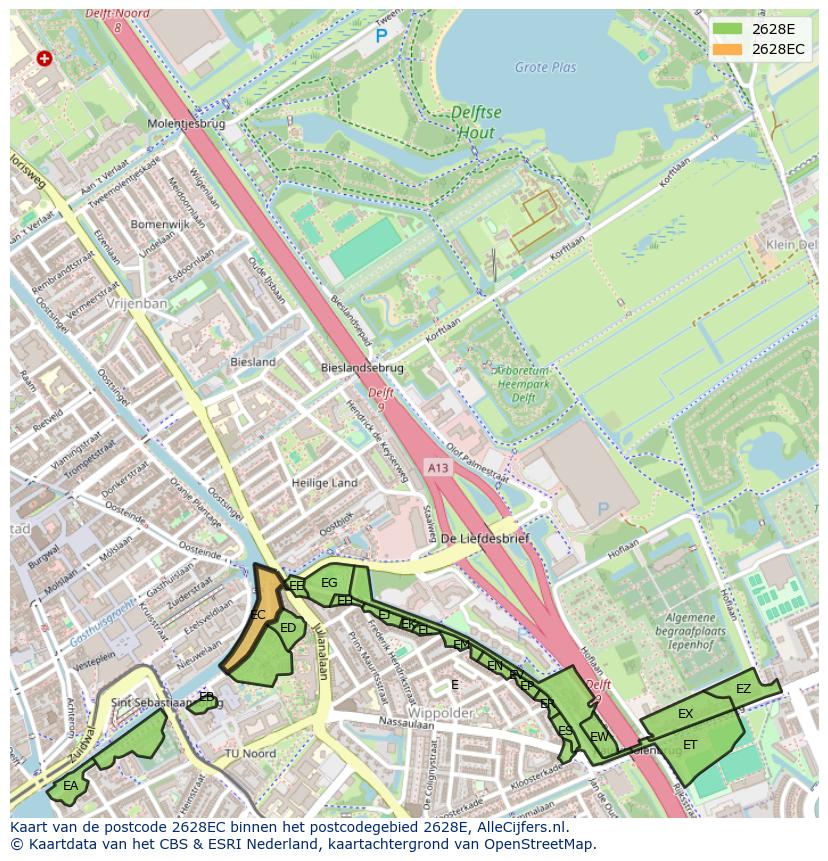 Afbeelding van het postcodegebied 2628 EC op de kaart.
