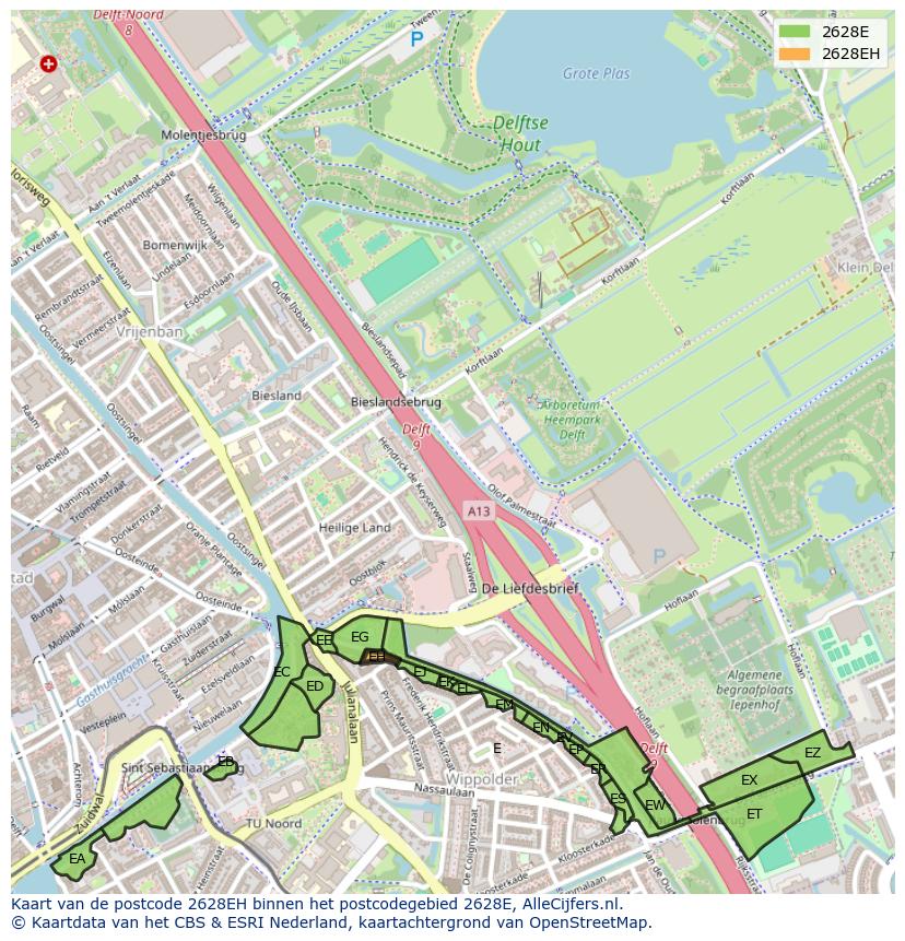 Afbeelding van het postcodegebied 2628 EH op de kaart.