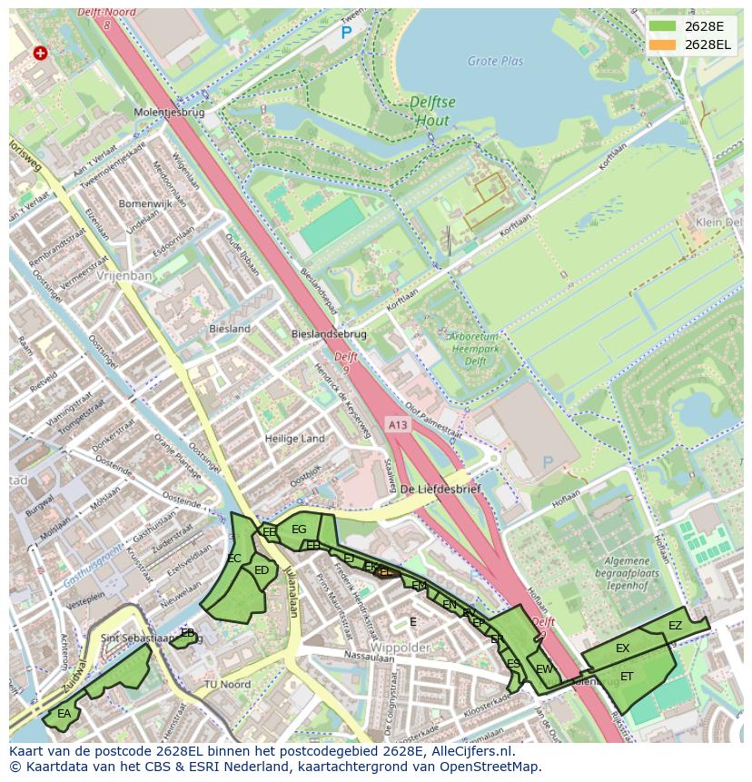 Afbeelding van het postcodegebied 2628 EL op de kaart.