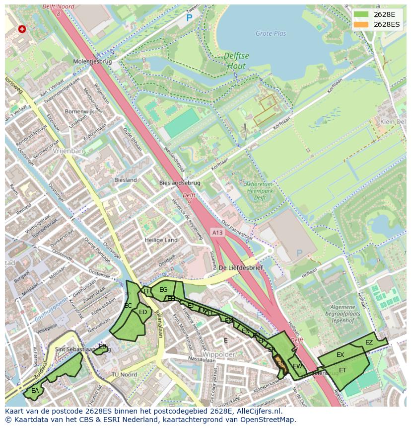 Afbeelding van het postcodegebied 2628 ES op de kaart.