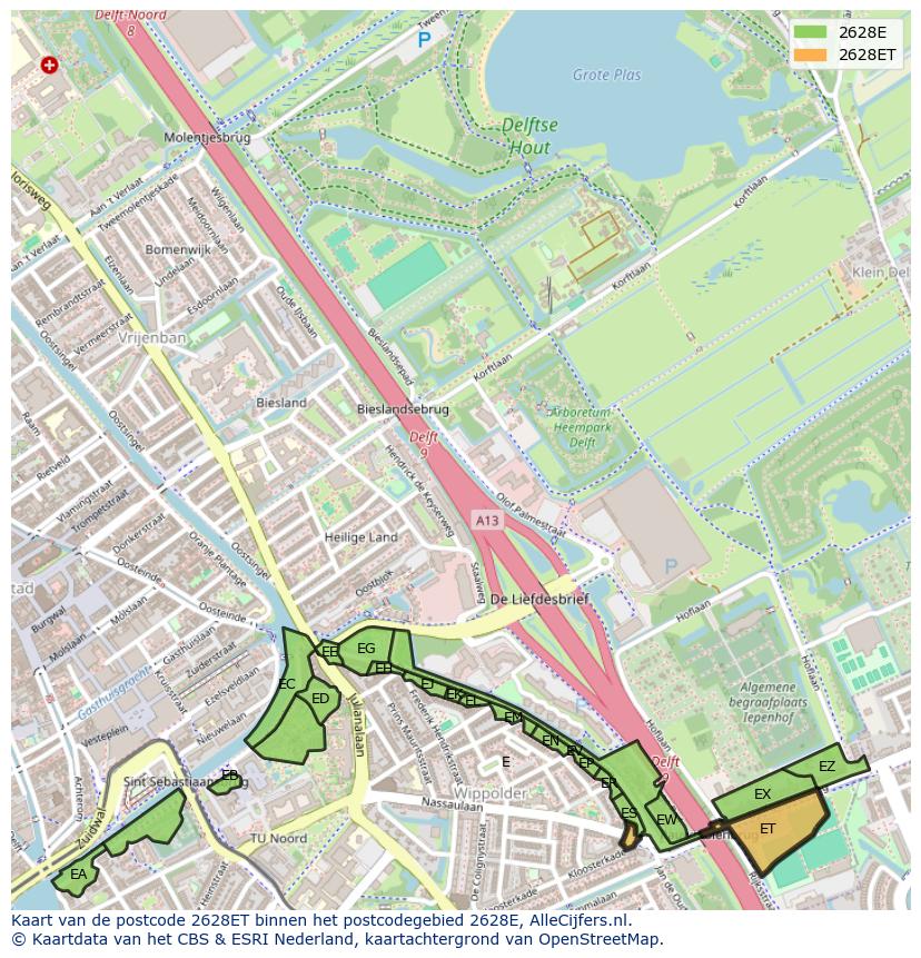 Afbeelding van het postcodegebied 2628 ET op de kaart.