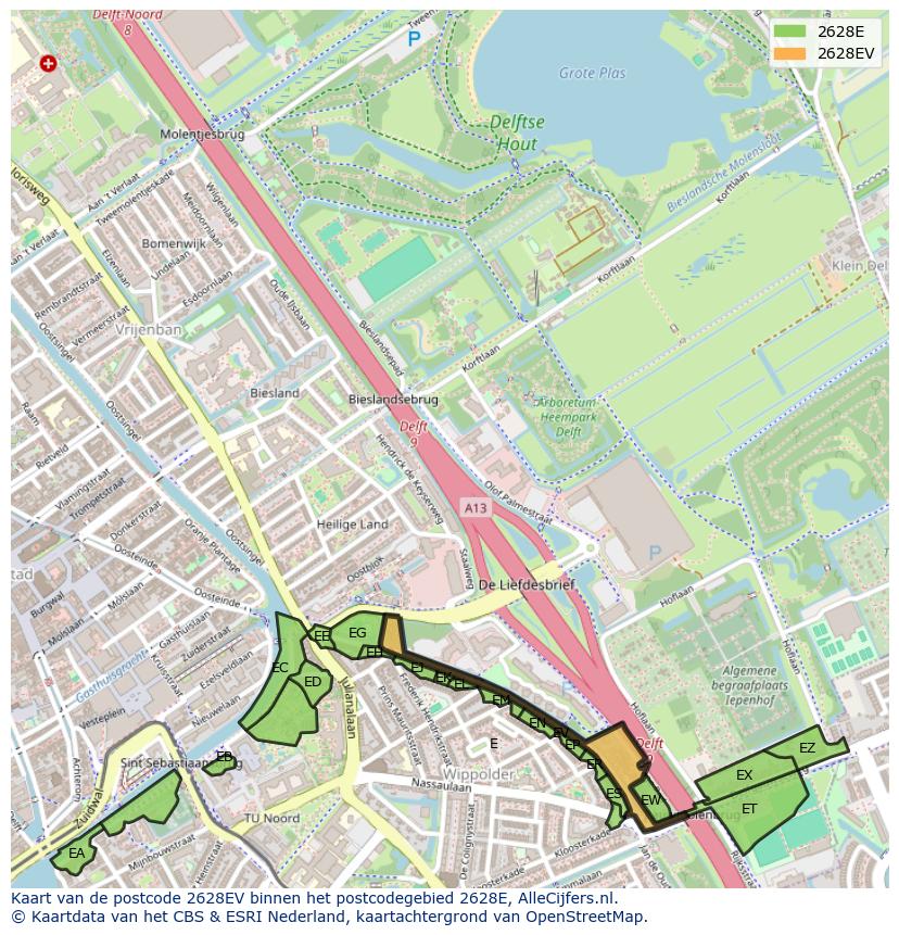 Afbeelding van het postcodegebied 2628 EV op de kaart.