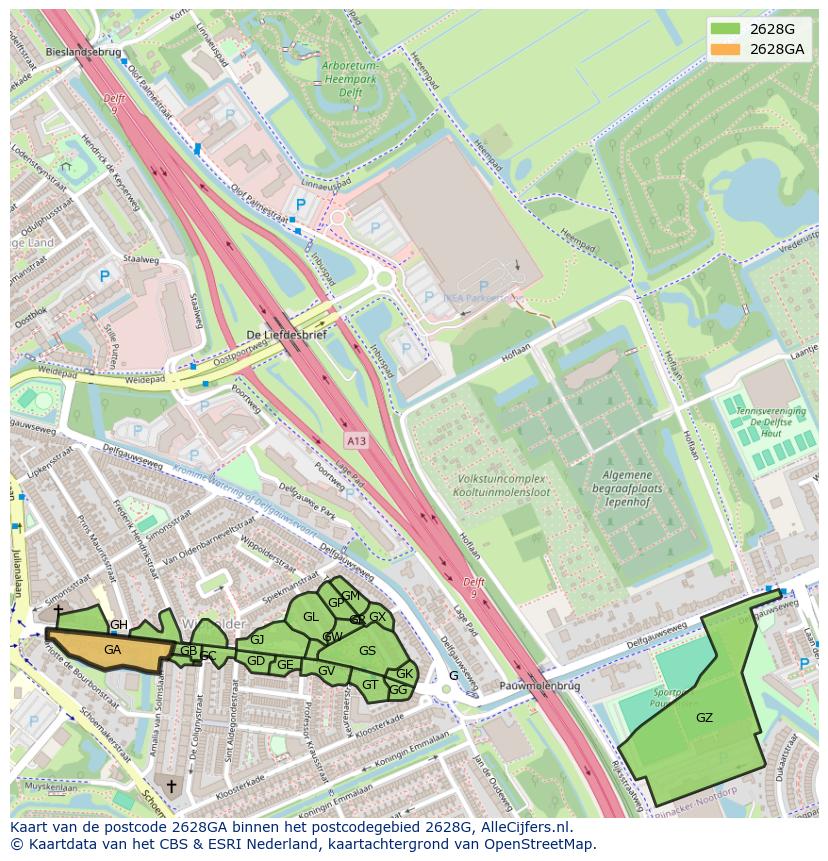 Afbeelding van het postcodegebied 2628 GA op de kaart.