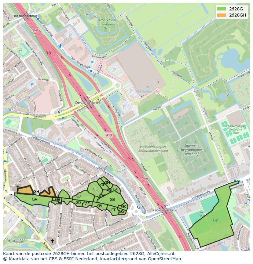 Afbeelding van het postcodegebied 2628 GH op de kaart.