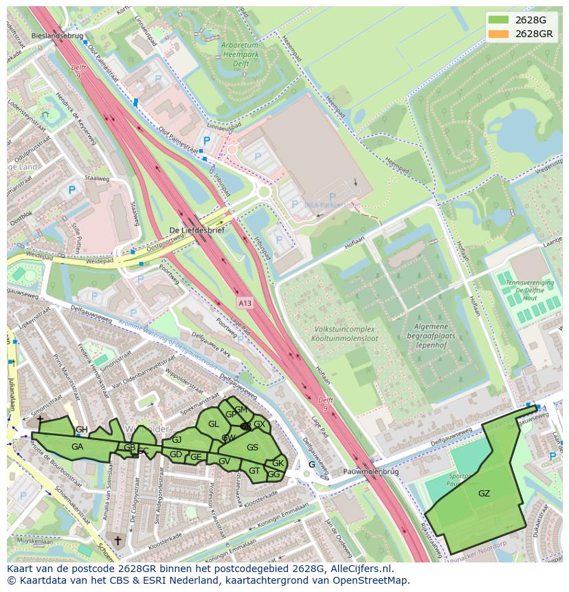 Afbeelding van het postcodegebied 2628 GR op de kaart.