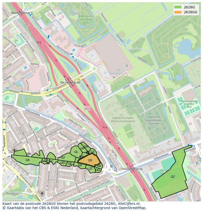 Afbeelding van het postcodegebied 2628 GS op de kaart.