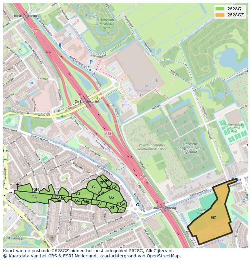 Afbeelding van het postcodegebied 2628 GZ op de kaart.