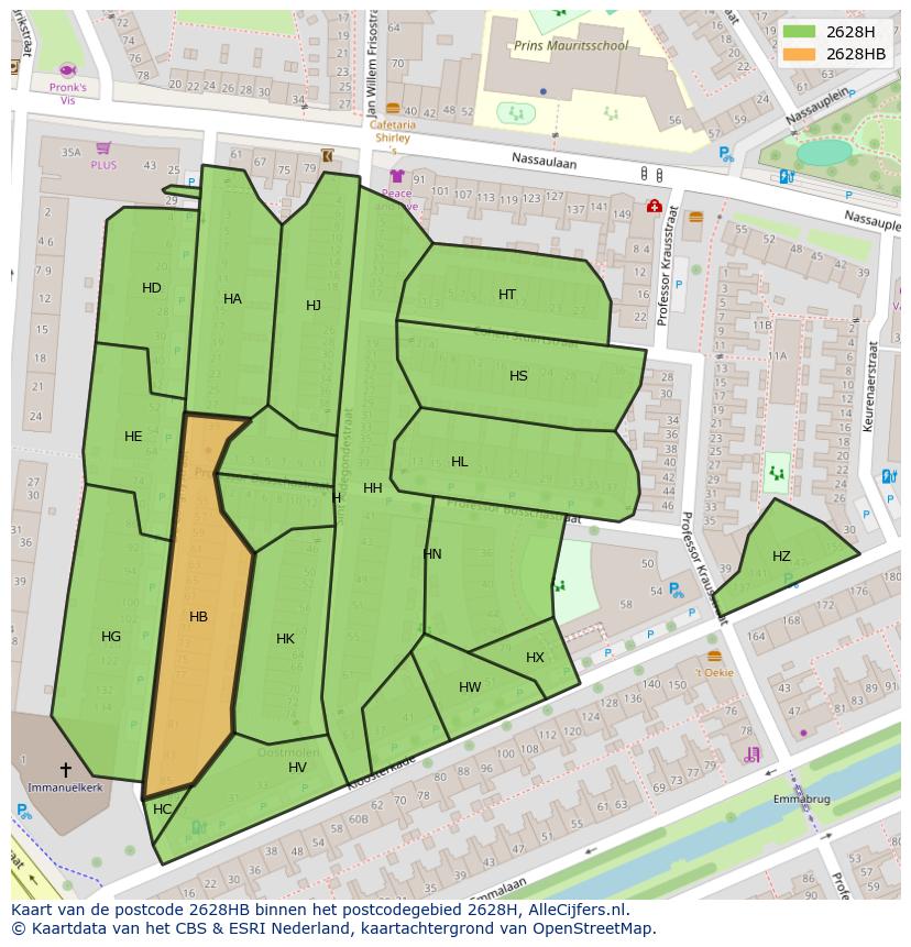 Afbeelding van het postcodegebied 2628 HB op de kaart.