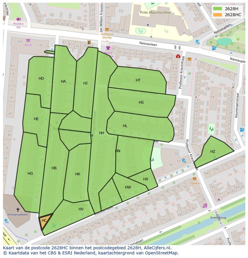 Afbeelding van het postcodegebied 2628 HC op de kaart.
