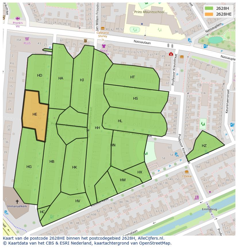 Afbeelding van het postcodegebied 2628 HE op de kaart.