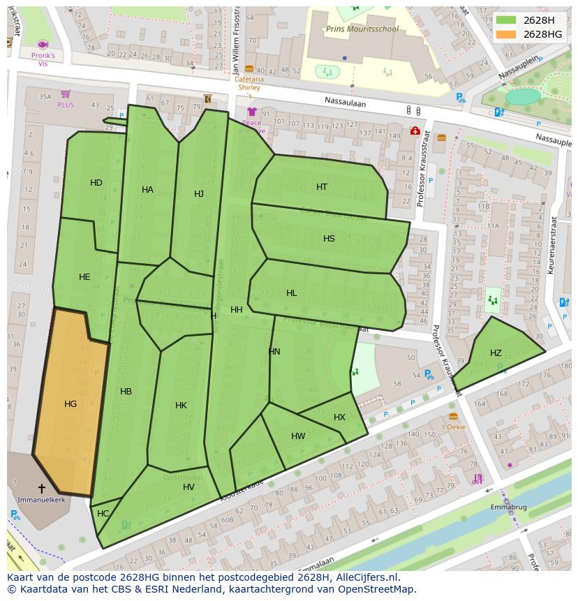 Afbeelding van het postcodegebied 2628 HG op de kaart.