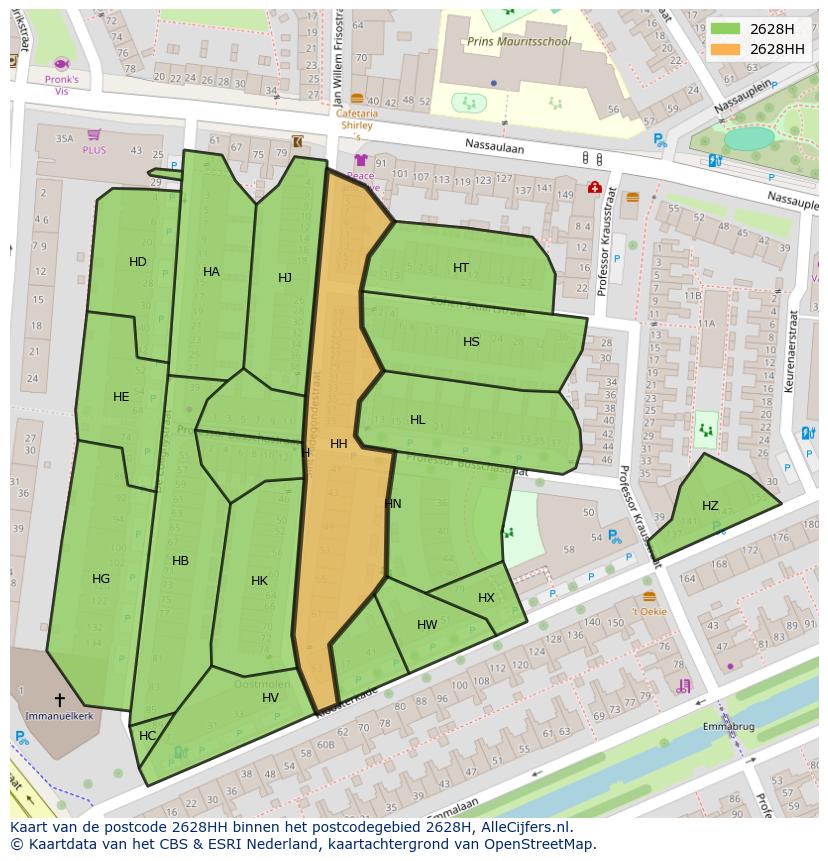 Afbeelding van het postcodegebied 2628 HH op de kaart.