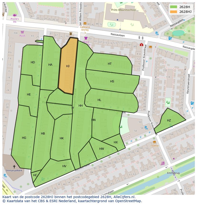 Afbeelding van het postcodegebied 2628 HJ op de kaart.