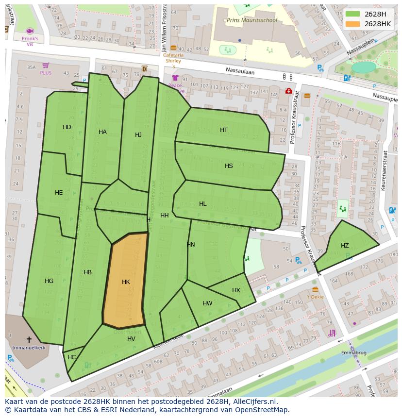 Afbeelding van het postcodegebied 2628 HK op de kaart.