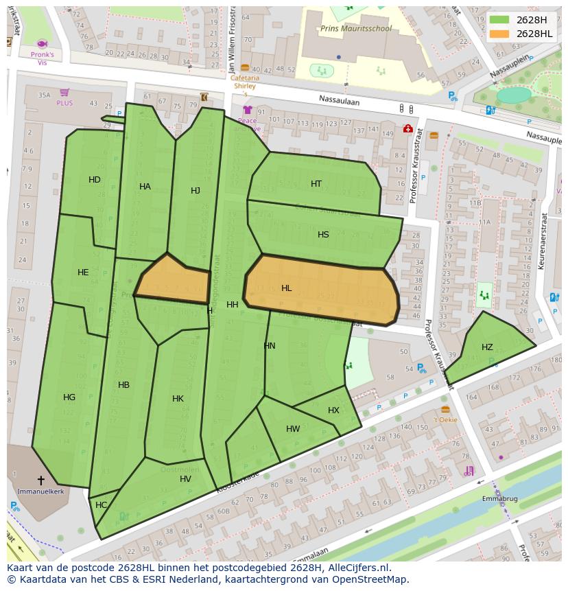 Afbeelding van het postcodegebied 2628 HL op de kaart.