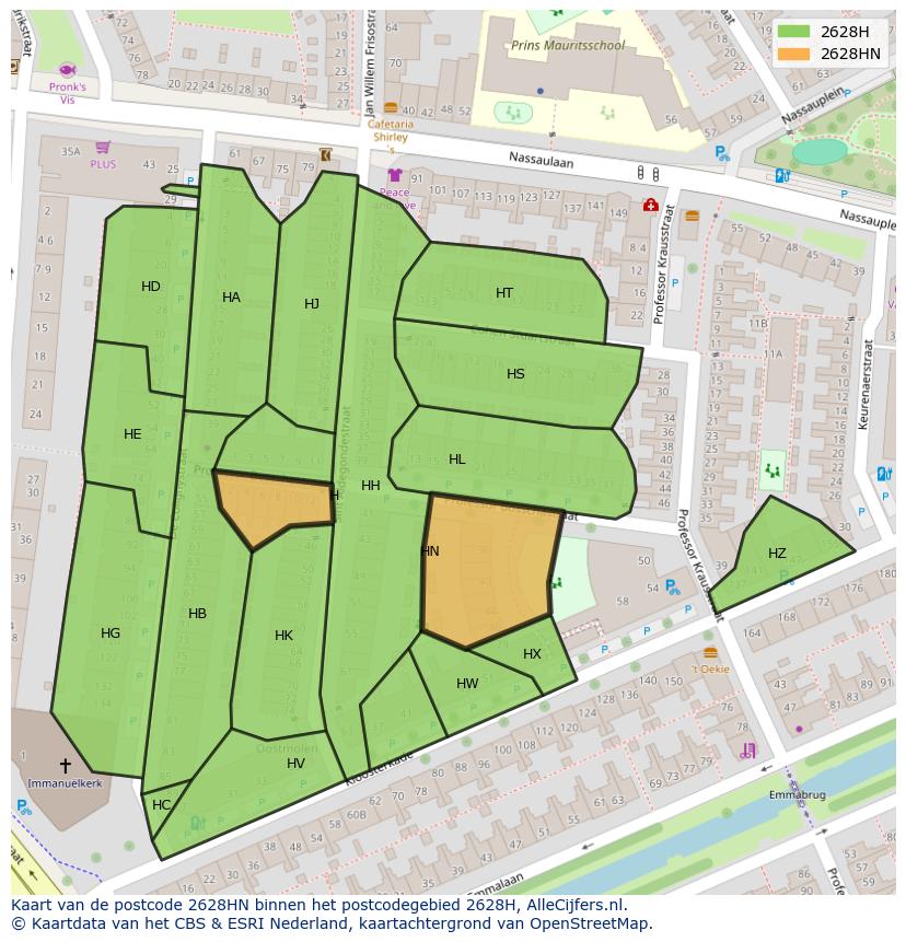 Afbeelding van het postcodegebied 2628 HN op de kaart.