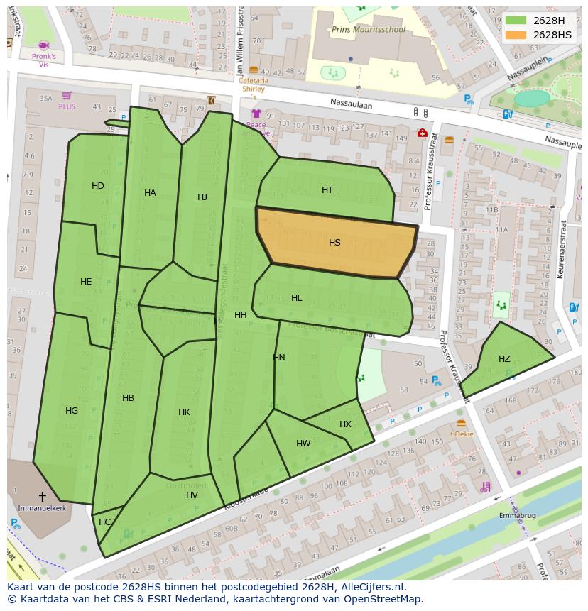 Afbeelding van het postcodegebied 2628 HS op de kaart.