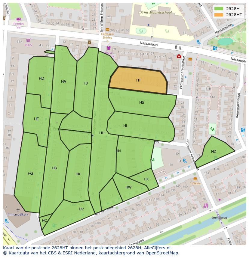 Afbeelding van het postcodegebied 2628 HT op de kaart.