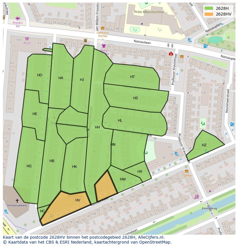 Afbeelding van het postcodegebied 2628 HV op de kaart.