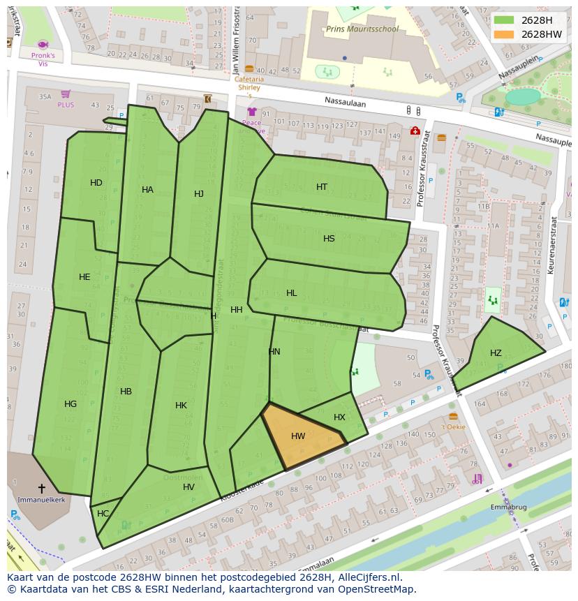 Afbeelding van het postcodegebied 2628 HW op de kaart.