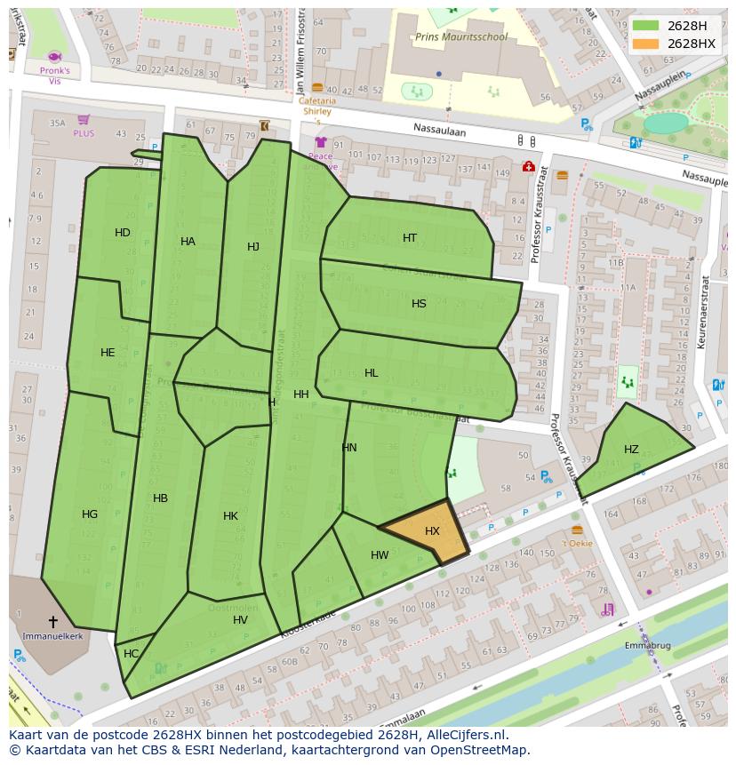 Afbeelding van het postcodegebied 2628 HX op de kaart.